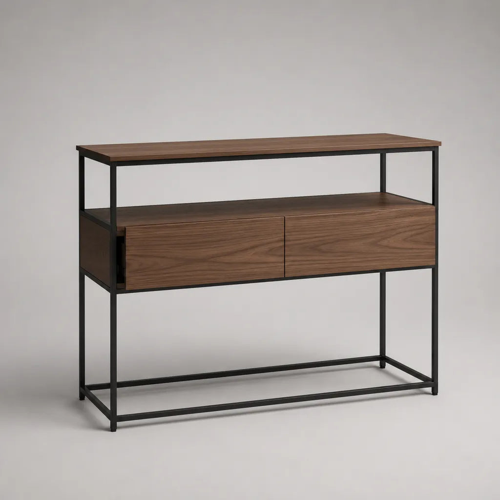 Table console avec 2 tiroirs et fente ouverte, MDF et acier, brun/noir, 120 × 35 × 90 cm
