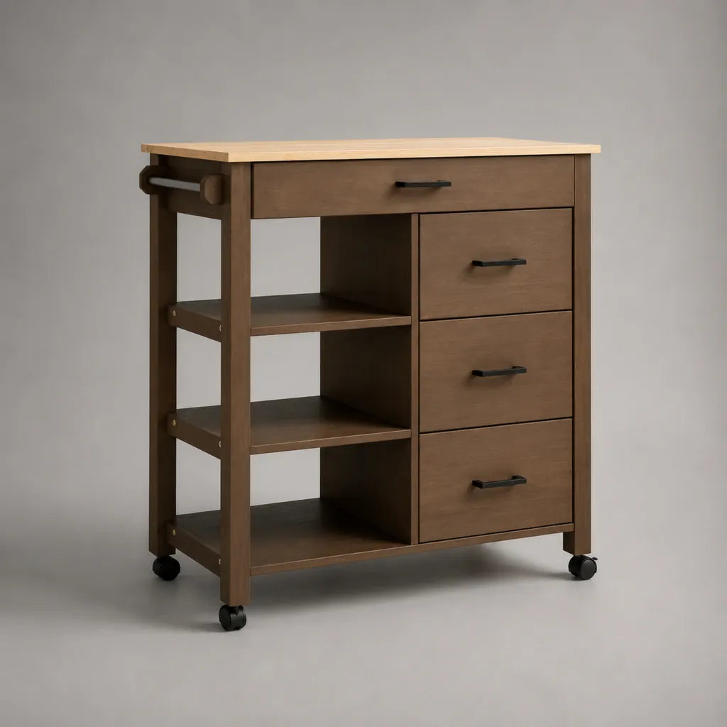 Chariots de cuisine en MDF, bois de pin et panneaux de particules, marron et marron clair, 80 × 40 × 90 cm, avec 4 tiroirs, 3 piles et roulettes