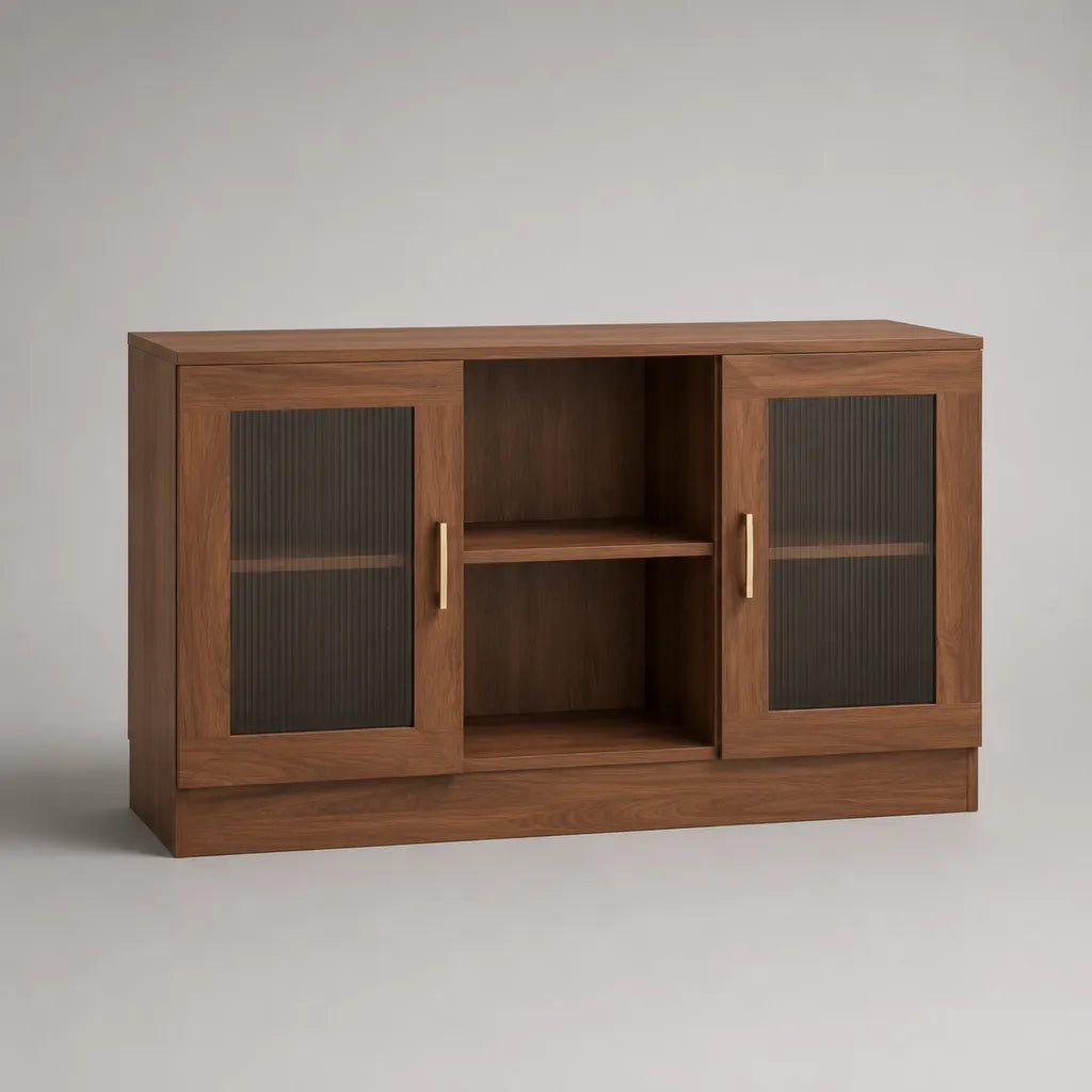 Sideboard en panneaux de particules avec 2 portes en verre et 2 compartiments ouverts, brun/noir/or, 120 × 40 × 80 cm
