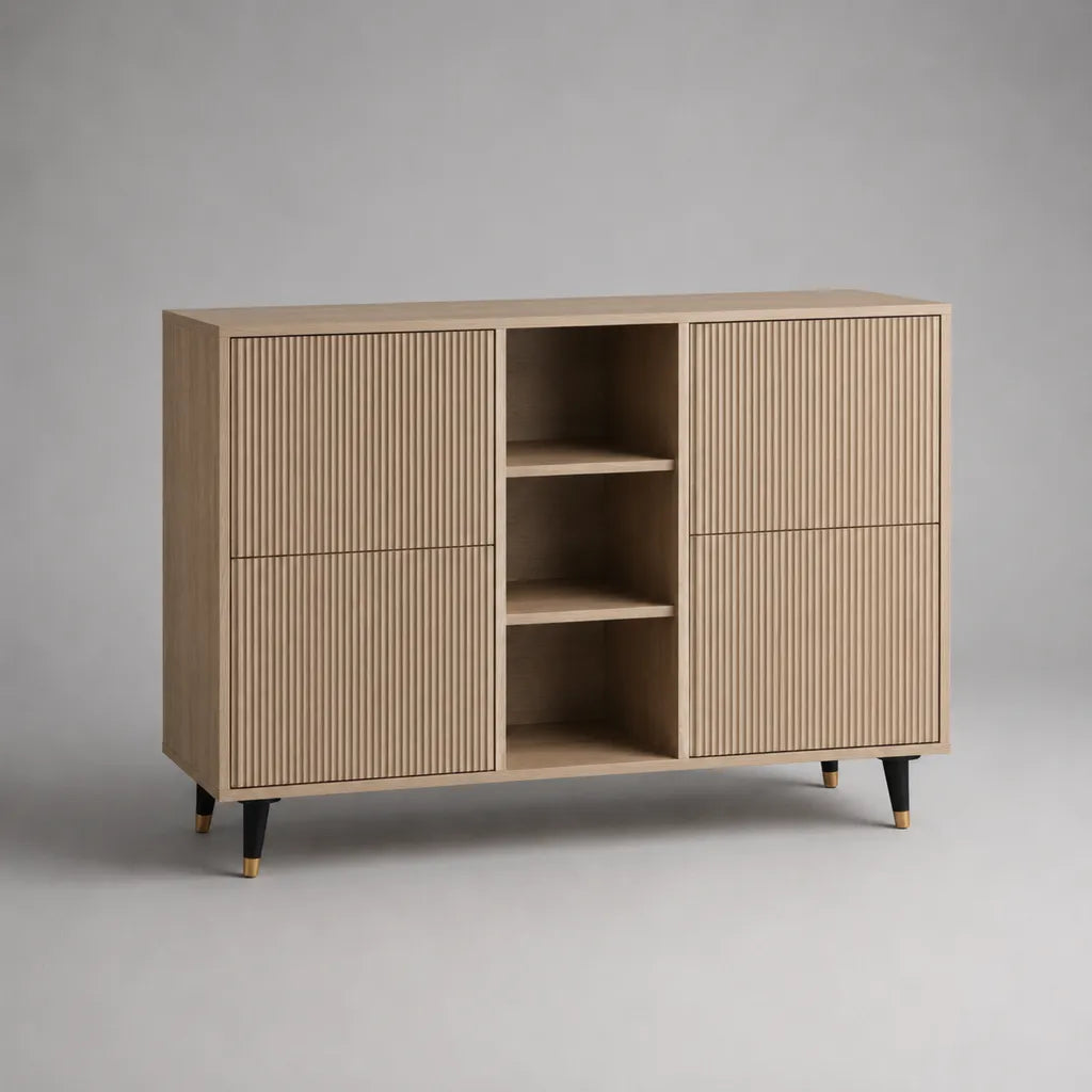 Buffet avec 4 portes et 3 compartiments ouverts, MDF avec placage de chêne, chêne naturel, 150 × 40 × 100 cm