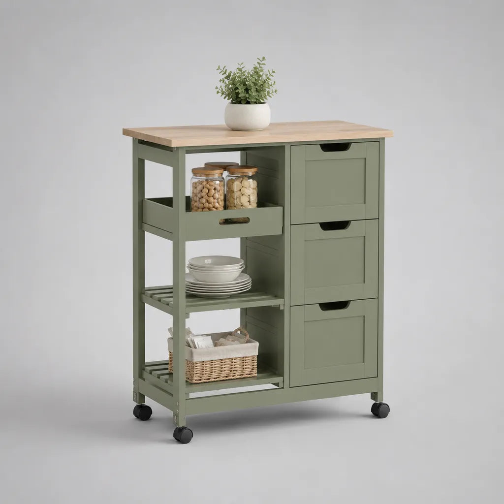 Chariot de cuisine en bois de pin et MDF avec 4 tiroirs, 2 piles et roulettes, vert sauge/nature, 67 × 37 × 83 cm