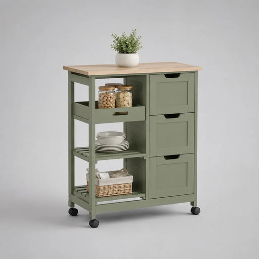 Chariot de cuisine en bois de pin et MDF avec 4 tiroirs, 2 piles et roulettes, vert sauge/nature, 67 × 37 × 83 cm