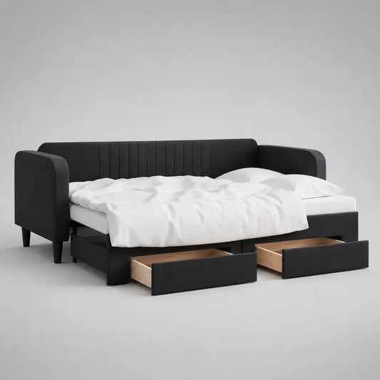 Canapé-lit et lit d'une journée en bois avec housse en simili cuir, 2 tiroirs, noir/naturel, couchage 90 × 200 cm, dimensions totales 213 × 97 × 83 cm