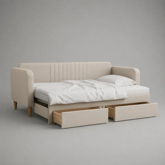 Canapé-lit avec revêtement polyester et 2 tiroirs, blanc cassé, surface allongée 190 × 140 cm, dimensions totales 218 × 92 × 88 cm
