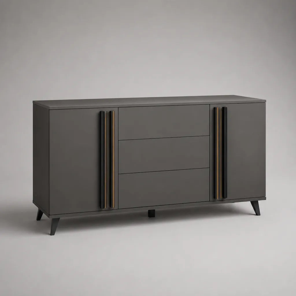 Sideboard en MDF et panneau de particules avec 2 portes et 3 tiroirs, anthracite, 140 × 40 × 80 cm