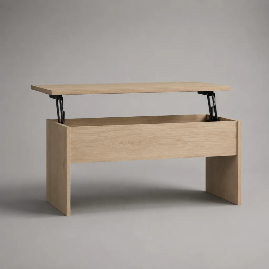 Table basse rectangulaire relevable avec rangement en panneau de particules, chêne clair et noir, 100 × 50 × 45–59 cm