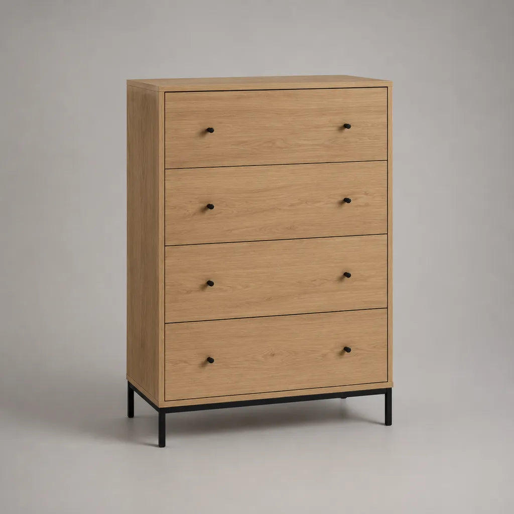 Commode haute avec 4 tiroirs en placage de chêne et acier, nature/noir, 80 × 40 × 120 cm