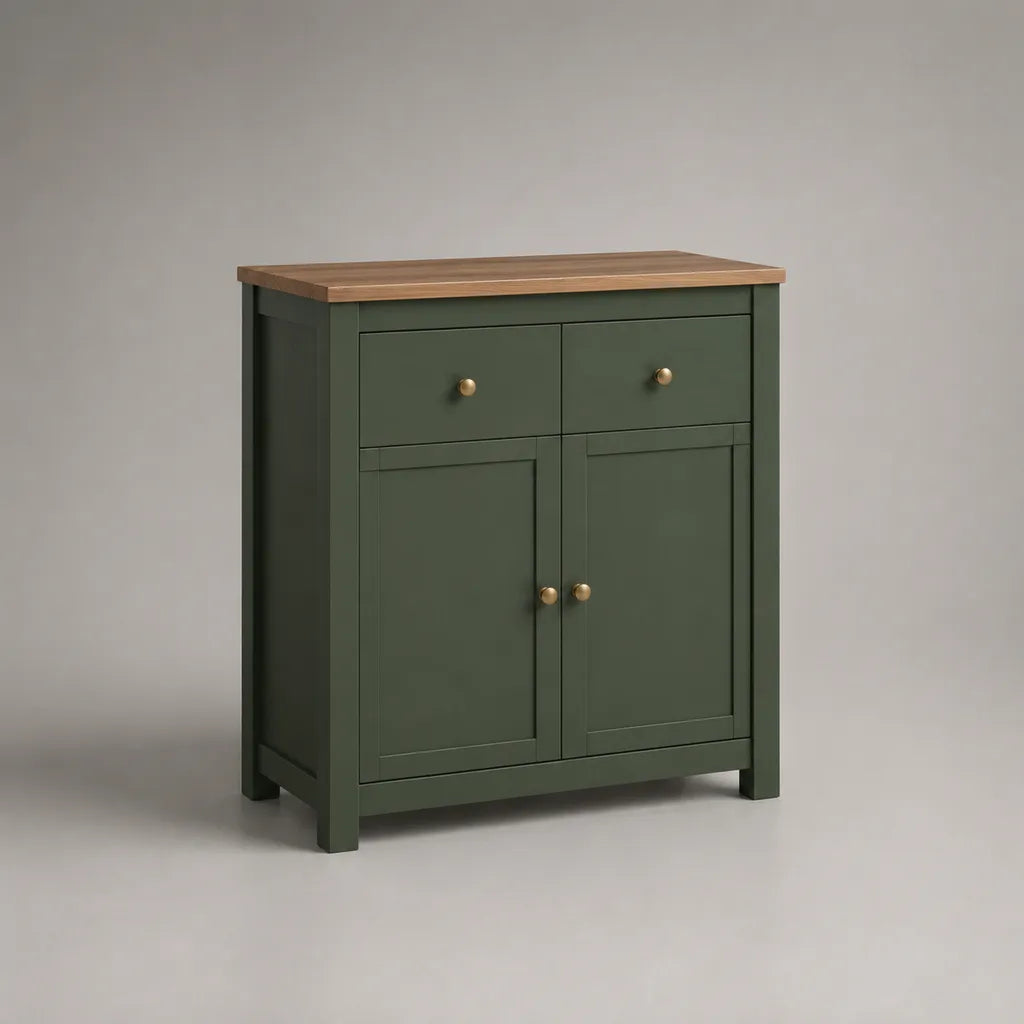Sideboard en MDF et panneau de particules avec 2 tiroirs et 2 portes, vert foncé et brun naturel, 80 × 40 × 90 cm