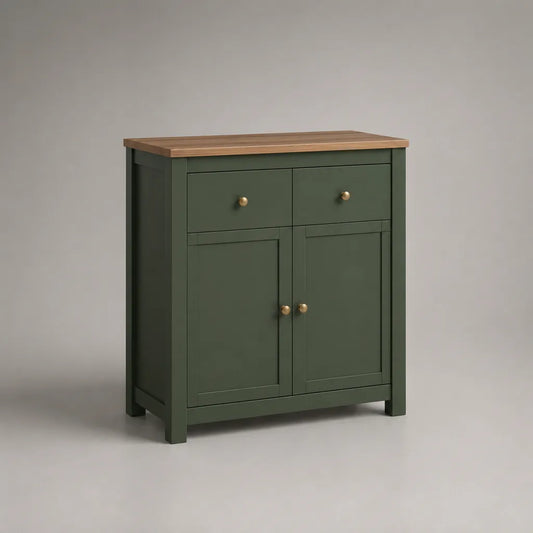 Sideboard en MDF et panneau de particules avec 2 tiroirs et 2 portes, vert foncé et brun naturel, 80 × 40 × 90 cm