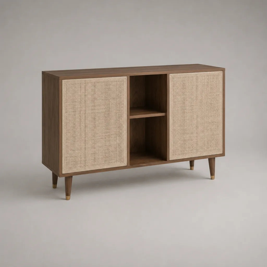 Sideboard avec 2 portes et 2 compartiments ouverts, brun/nature/couleur laiton, 120 × 40 × 80 cm, MDF avec placage de noix et tissage de rat