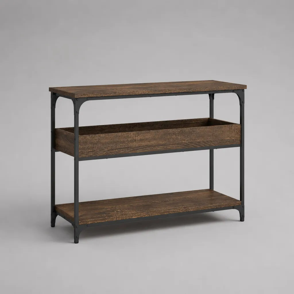 Table console avec 3 piles en panneaux de particules et acier, brun-noir, 100 × 35 × 80 cm