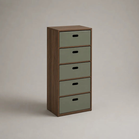 Commode haut de gamme en panneaux de particules avec 5 tiroirs, brun noyer et vert-sauge, 50 × 40 × 110 cm