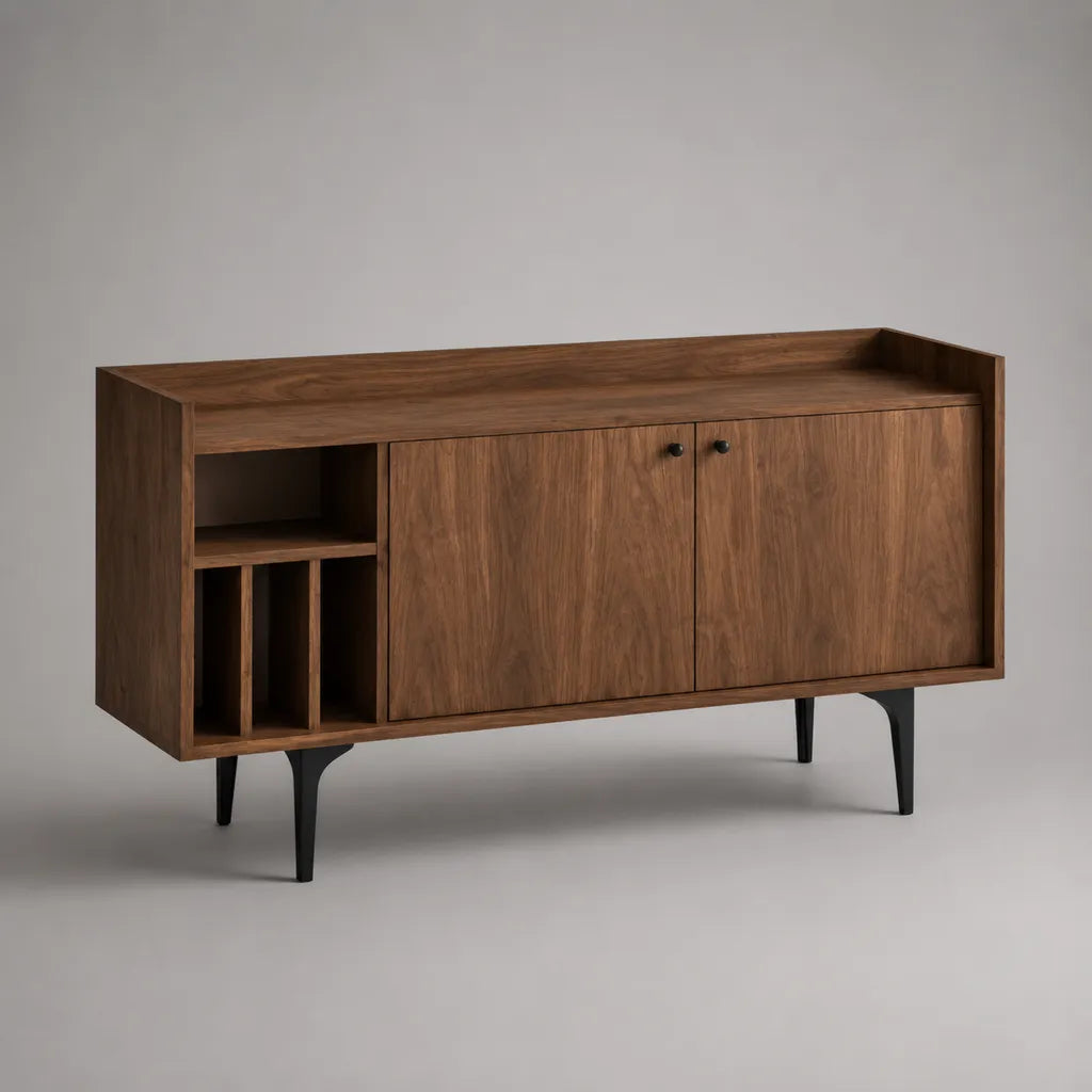 Sideboard avec compartiments de bouteilles de vin en MDF et métal, brun et noir, 160 × 40 × 85 cm