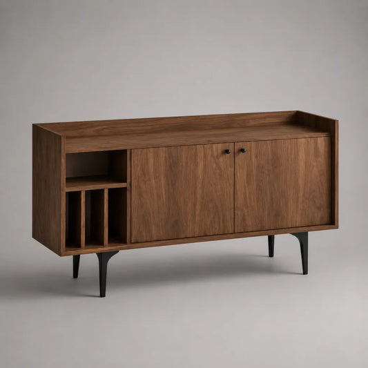 Sideboard avec compartiments de bouteilles de vin en MDF et métal, brun et noir, 160 × 40 × 85 cm