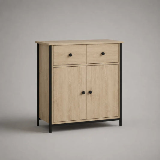 Sideboard avec 2 tiroirs et 2 portes en panneaux de particules et en acier, couleur chêne/noir, 80 × 35 × 90 cm